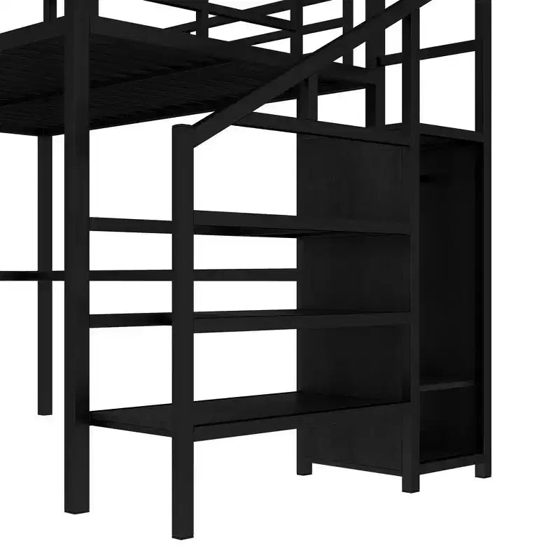 Okak Metal High Loft Bunk Bed with L-shaped Desk & USB Heavy Duty Bedframe with Wardrobe & Adjustable Shelf LED for Adults Teens Kids