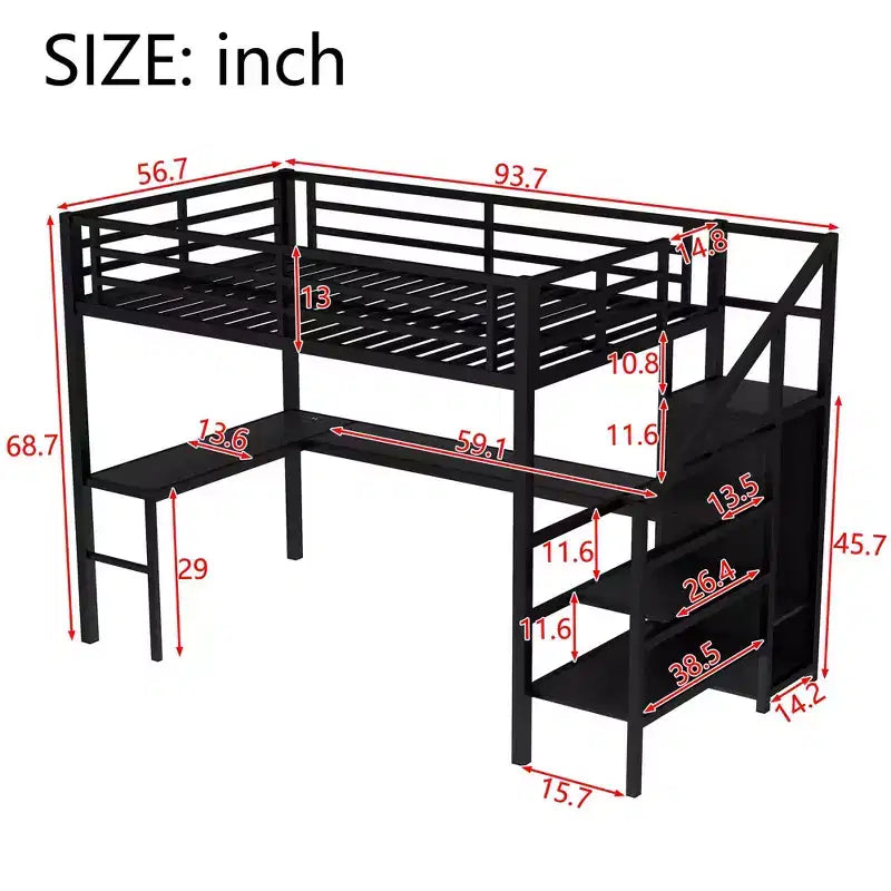 Okak Metal High Loft Bunk Bed with L-shaped Desk & USB Heavy Duty Bedframe with Wardrobe & Adjustable Shelf LED for Adults Teens Kids