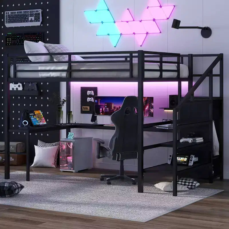 Okak Metal High Loft Bunk Bed with L-shaped Desk & USB Heavy Duty Bedframe with Wardrobe & Adjustable Shelf LED for Adults Teens Kids