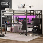 Okak Metal High Loft Bunk Bed with L-shaped Desk & USB Heavy Duty Bedframe with Wardrobe & Adjustable Shelf LED for Adults Teens Kids