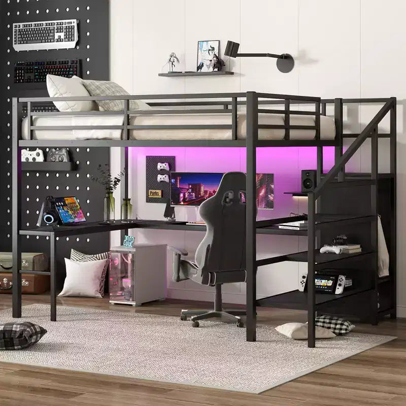 Okak Metal High Loft Bunk Bed with L-shaped Desk & USB Heavy Duty Bedframe with Wardrobe & Adjustable Shelf LED for Adults Teens Kids