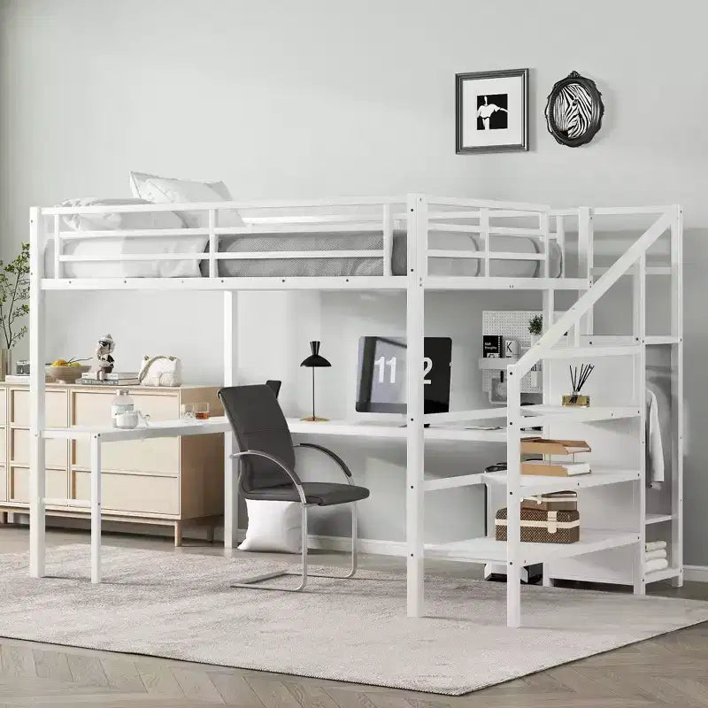 Okak Metal High Loft Bunk Bed with L-shaped Desk & USB Heavy Duty Bedframe with Wardrobe & Adjustable Shelf LED for Adults Teens Kids