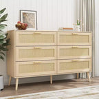 Cassettiera moderna Okak in rattan per camera da letto con 6 ampi cassetti e maniglie in legno, comò organizer per armadio contenitore per soggiorno, corridoio, ingresso