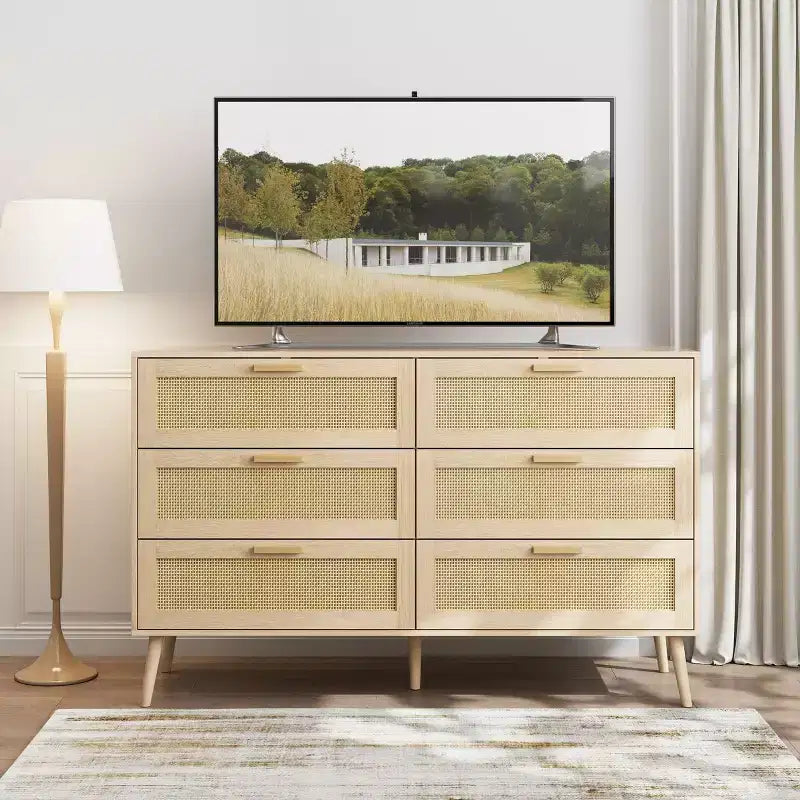 Cassettiera moderna Okak in rattan per camera da letto con 6 ampi cassetti e maniglie in legno, comò organizer per armadio contenitore per soggiorno, corridoio, ingresso