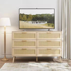 Cassettiera moderna Okak in rattan per camera da letto con 6 ampi cassetti e maniglie in legno, comò organizer per armadio contenitore per soggiorno, corridoio, ingresso