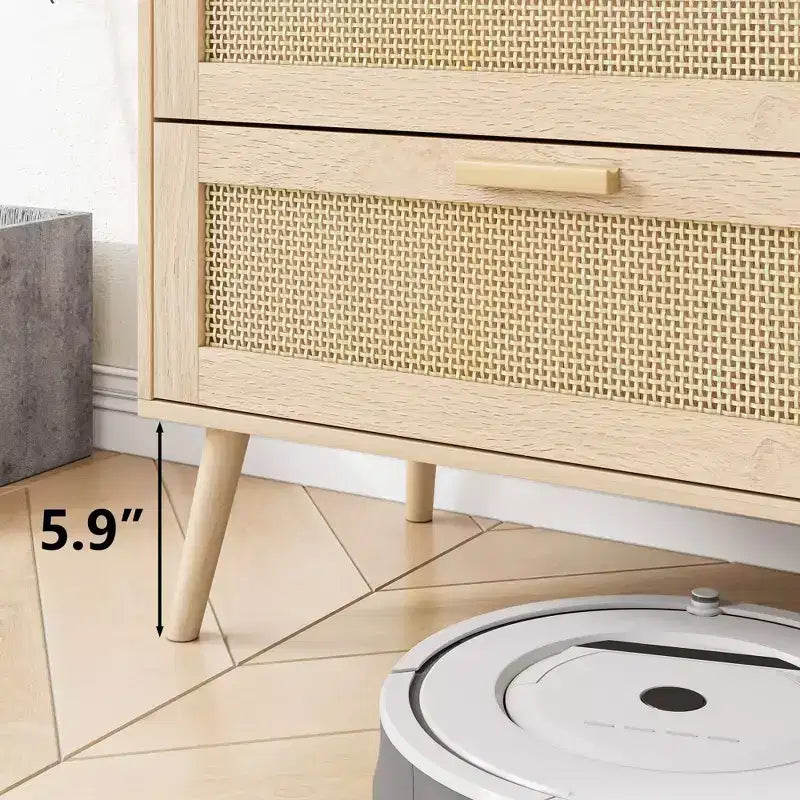 Cassettiera moderna Okak in rattan per camera da letto con 6 ampi cassetti e maniglie in legno, comò organizer per armadio contenitore per soggiorno, corridoio, ingresso