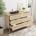Cassettiera moderna Okak in rattan per camera da letto con 6 ampi cassetti e maniglie in legno, comò organizer per armadio contenitore per soggiorno, corridoio, ingresso