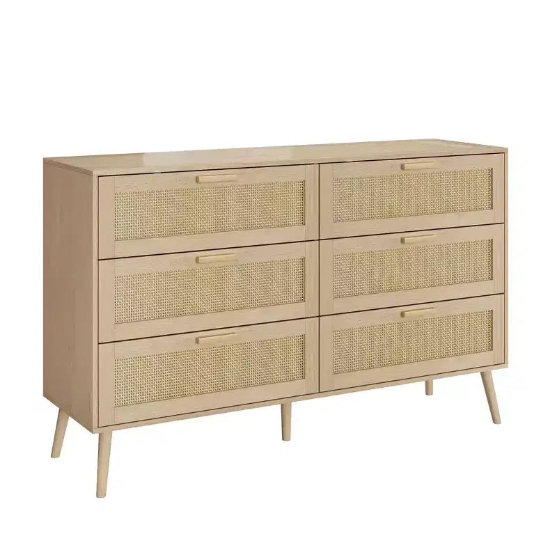 Cassettiera moderna Okak in rattan per camera da letto con 6 ampi cassetti e maniglie in legno, comò organizer per armadio contenitore per soggiorno, corridoio, ingresso