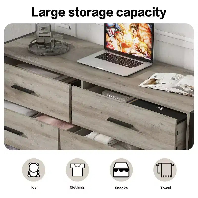 Cassettiera moderna Okak in rattan per camera da letto con 6 ampi cassetti e maniglie in legno, comò organizer per armadio contenitore per soggiorno, corridoio, ingresso