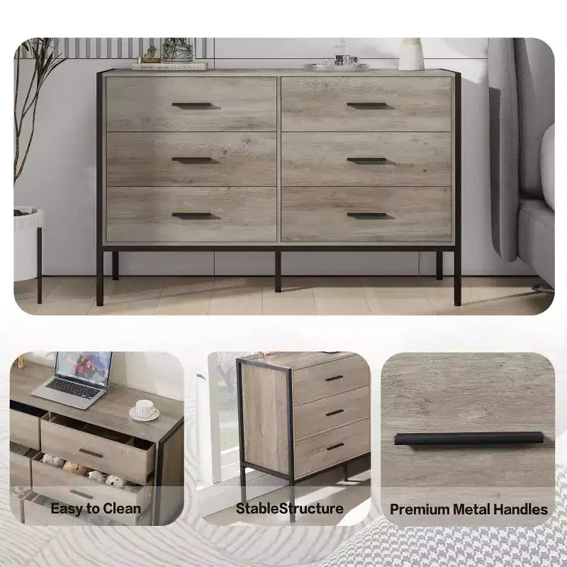Cassettiera moderna Okak in rattan per camera da letto con 6 ampi cassetti e maniglie in legno, comò organizer per armadio contenitore per soggiorno, corridoio, ingresso