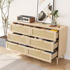 Cassettiera moderna Okak in rattan per camera da letto con 6 ampi cassetti e maniglie in legno, comò organizer per armadio contenitore per soggiorno, corridoio, ingresso