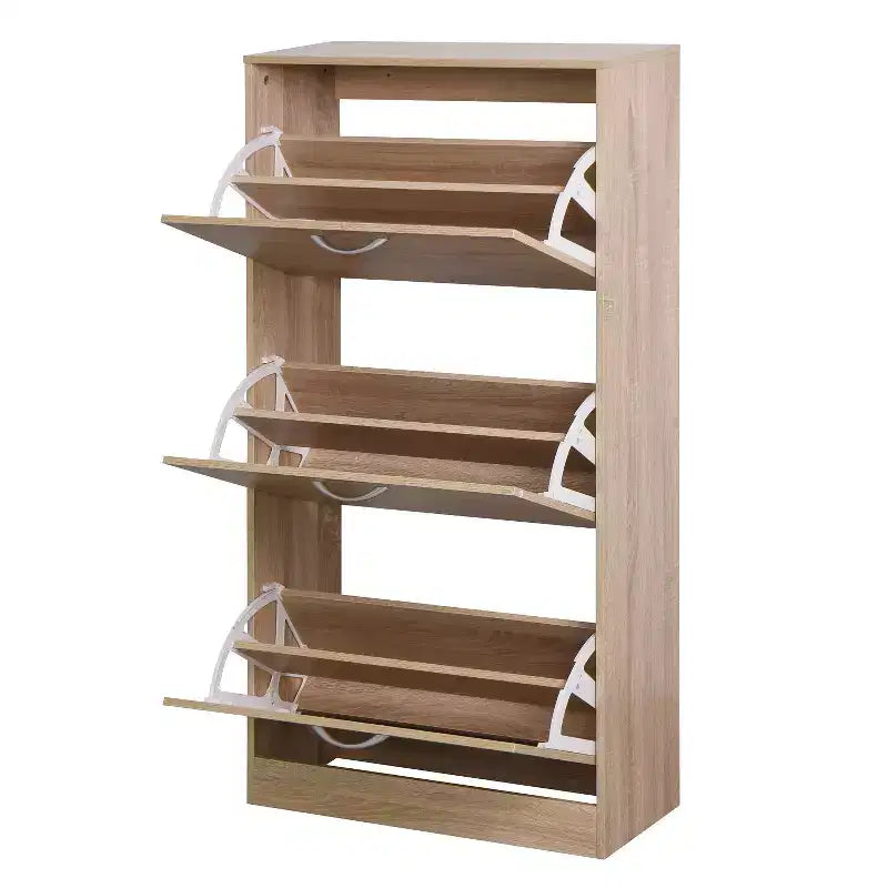 Scarpiera ventilata Okak con 3 ante a ribalta e ripiani regolabili, scarpiera organizer in legno autoportante con dispositivo antiribaltamento per l'ingresso
