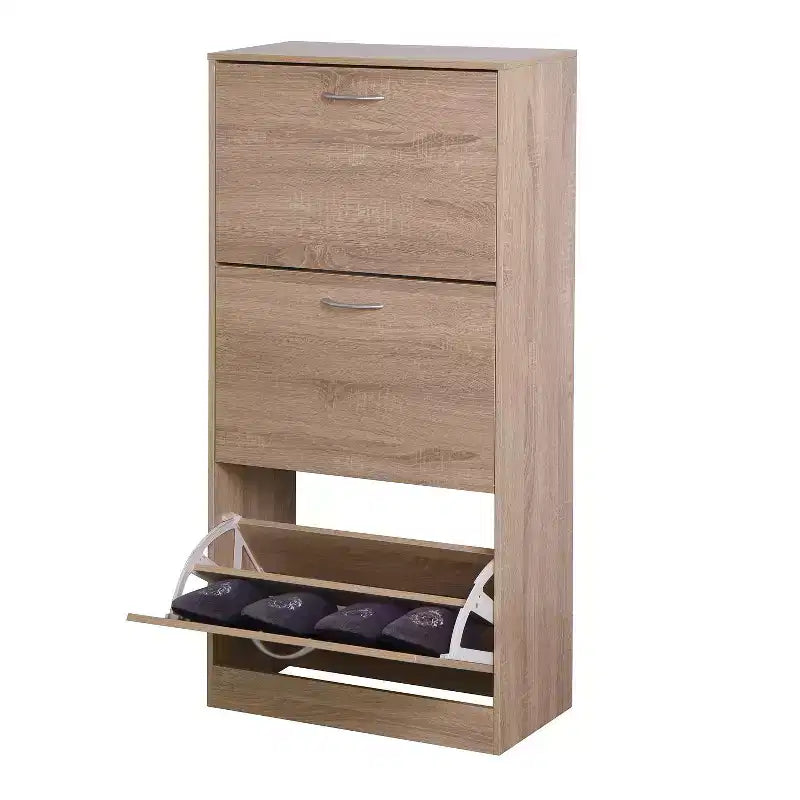 Scarpiera ventilata Okak con 3 ante a ribalta e ripiani regolabili, scarpiera organizer in legno autoportante con dispositivo antiribaltamento per l'ingresso