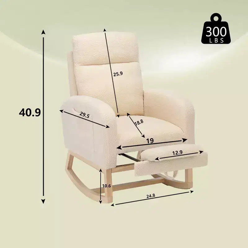 Poltrona a dondolo moderna Okak con tasca laterale e schienale alto imbottito, comoda per camera da letto, soggiorno, cameretta dei bambini