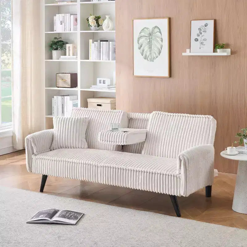Okak Divani Minimalisti per Soggiorno Divano Letto Convertibile a Due Posti in Velluto a Coste Lineare con Schienale Regolabile e Portabicchieri