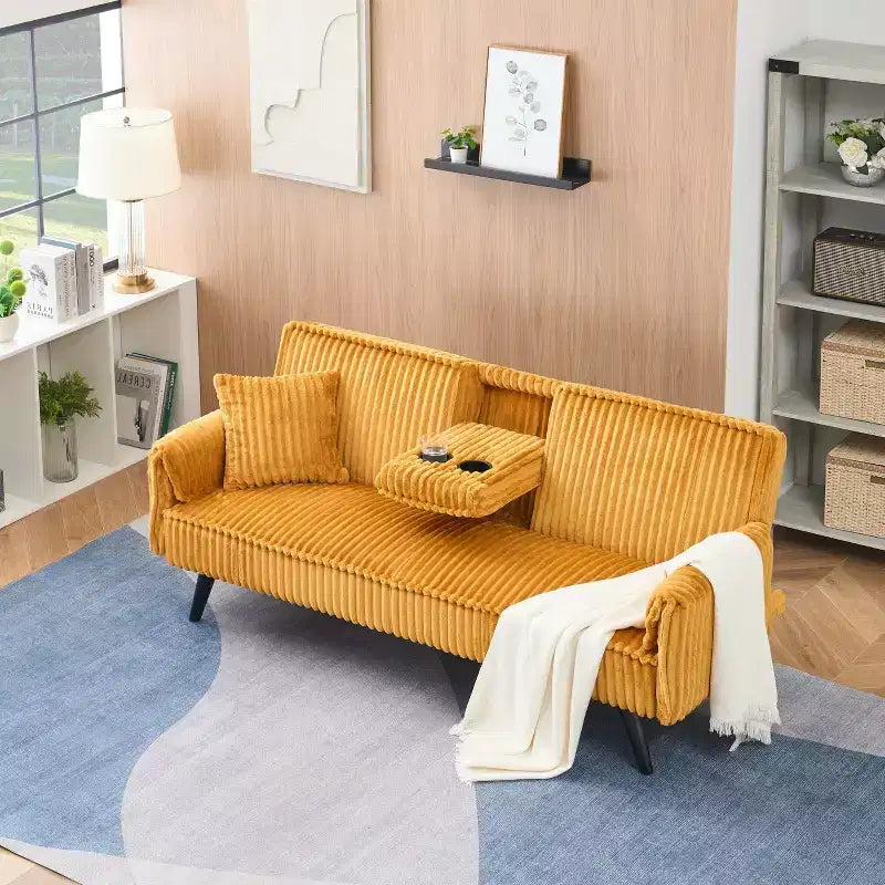 Okak Divani Minimalisti per Soggiorno Divano Letto Convertibile a Due Posti in Velluto a Coste Lineare con Schienale Regolabile e Portabicchieri