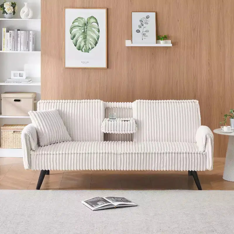 Okak Divani Minimalisti per Soggiorno Divano Letto Convertibile a Due Posti in Velluto a Coste Lineare con Schienale Regolabile e Portabicchieri