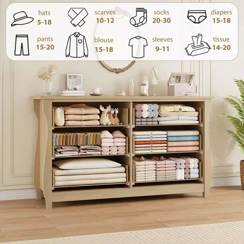 Cassettiera Garvee Natural a 6 cassetti, Organizer cassettiera Boho largo 120 cm con gambe curve e ampio spazio di archiviazione per soggiorno, camera da letto, ingresso, cameretta