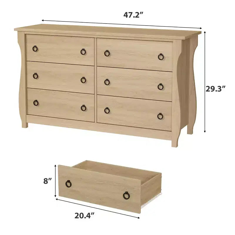 Cassettiera Garvee Natural a 6 cassetti, Organizer cassettiera Boho largo 120 cm con gambe curve e ampio spazio di archiviazione per soggiorno, camera da letto, ingresso, cameretta