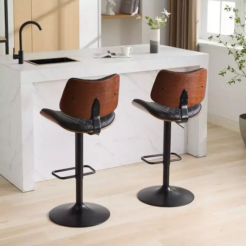 Set di 2 sgabelli da bar girevoli a 360°, regolabili in altezza, da bancone, sedia da pranzo, sgabello da pub, cucina, noce+nero/beige - ModernLuxe