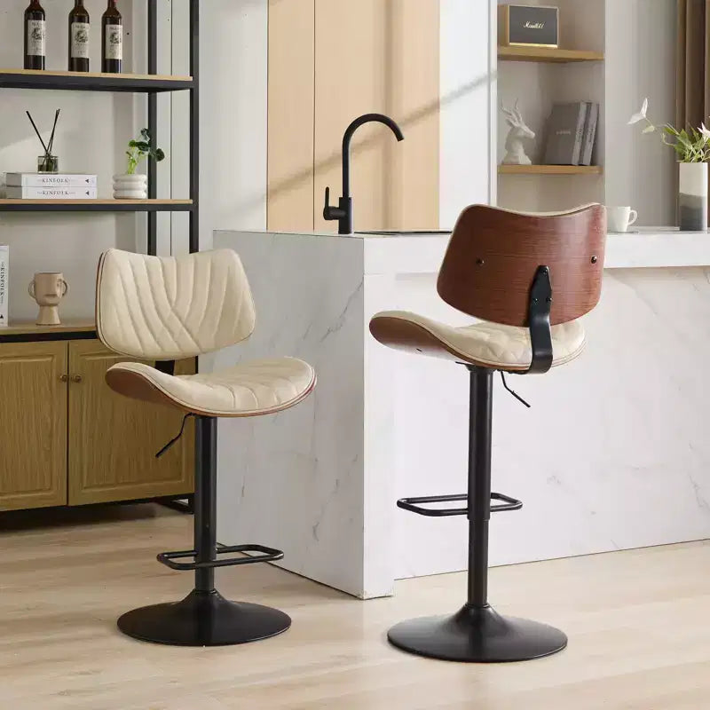 Set di 2 sgabelli da bar girevoli a 360°, regolabili in altezza, da bancone, sedia da pranzo, sgabello da pub, cucina, noce+nero/beige - ModernLuxe