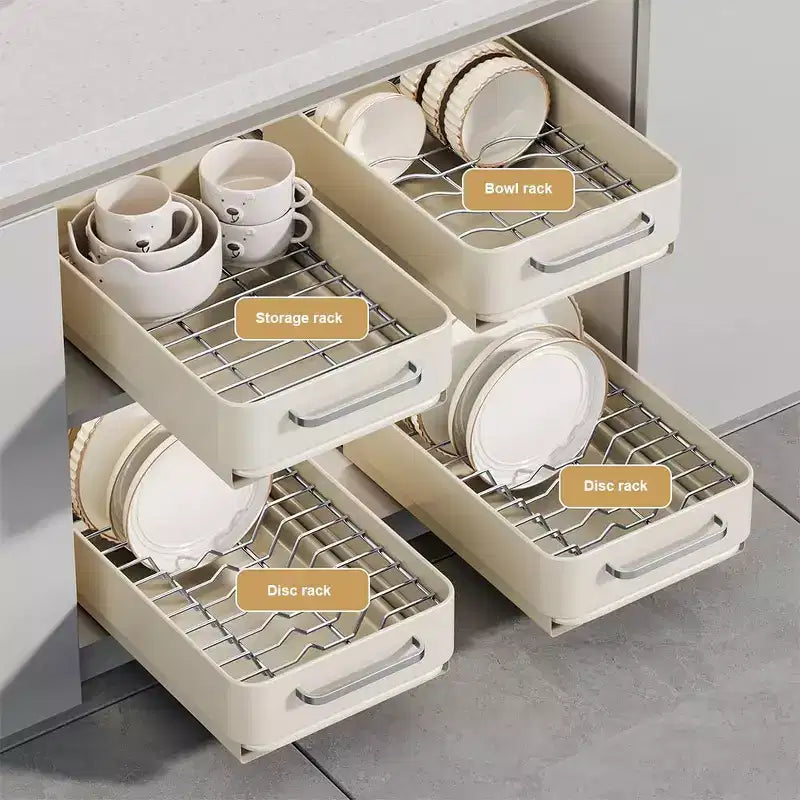 Scolapiatti, cassetto estraibile per mobile da cucina, scolapiatti e ciotole in metallo estraibile, ripiano portaoggetti per bagno e soggiorno