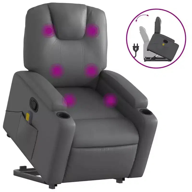 vidaXL Power Lift Massage Recliner Chair - Manual Reclining, Vibrating Massage, Cup Holders, Faux Leather, Electric Stand-Up Aid, Gray