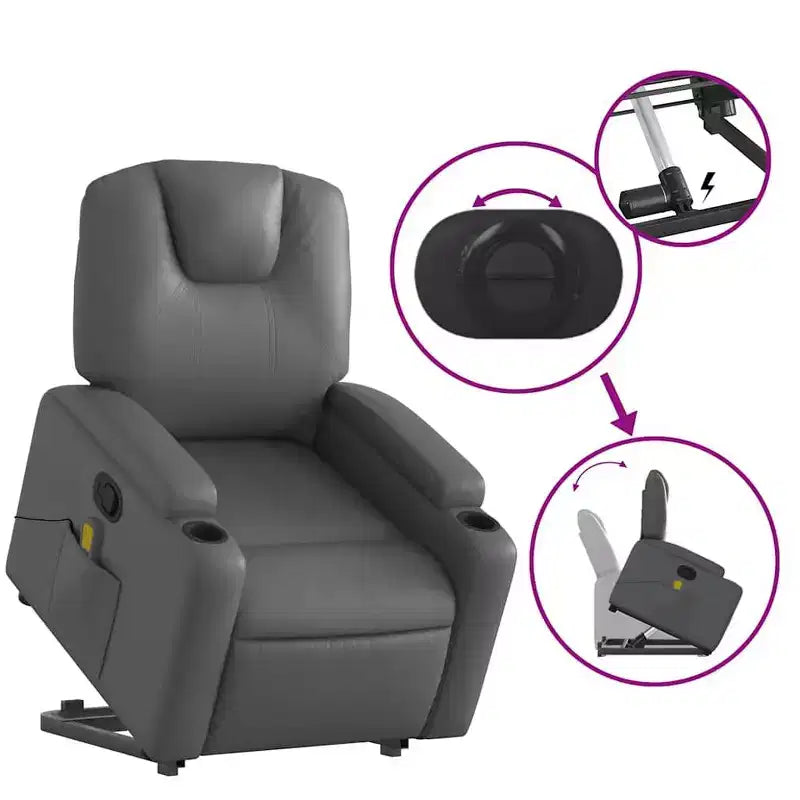Poltrona reclinabile massaggiante vidaXL Power Lift - Reclinazione manuale, massaggio vibrante, portabicchieri, similpelle, funzione alzapersona elettrica, grigio