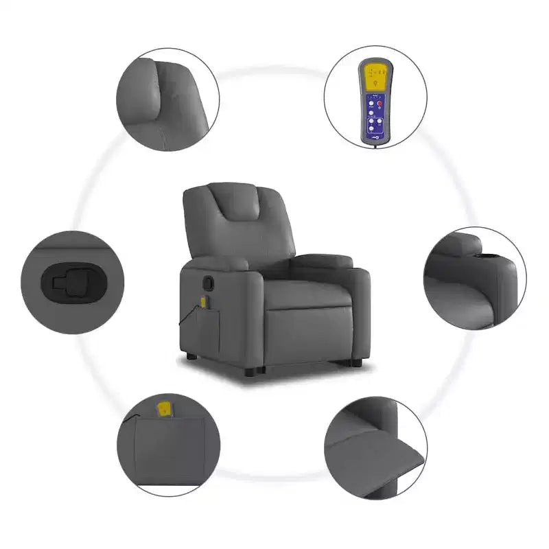 Poltrona reclinabile massaggiante vidaXL Power Lift - Reclinazione manuale, massaggio vibrante, portabicchieri, similpelle, funzione alzapersona elettrica, grigio