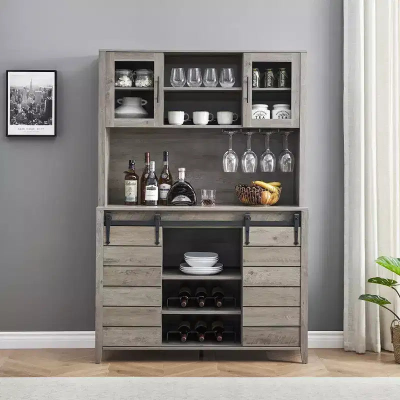 Mobile Credenza da Caffè Rustico Alto 178 cm, Mobile Dispensa da Cucina con Anta Scorrevole a Fienile, Credenza Alta con Portabottiglie, Mobile Bar, Grigio