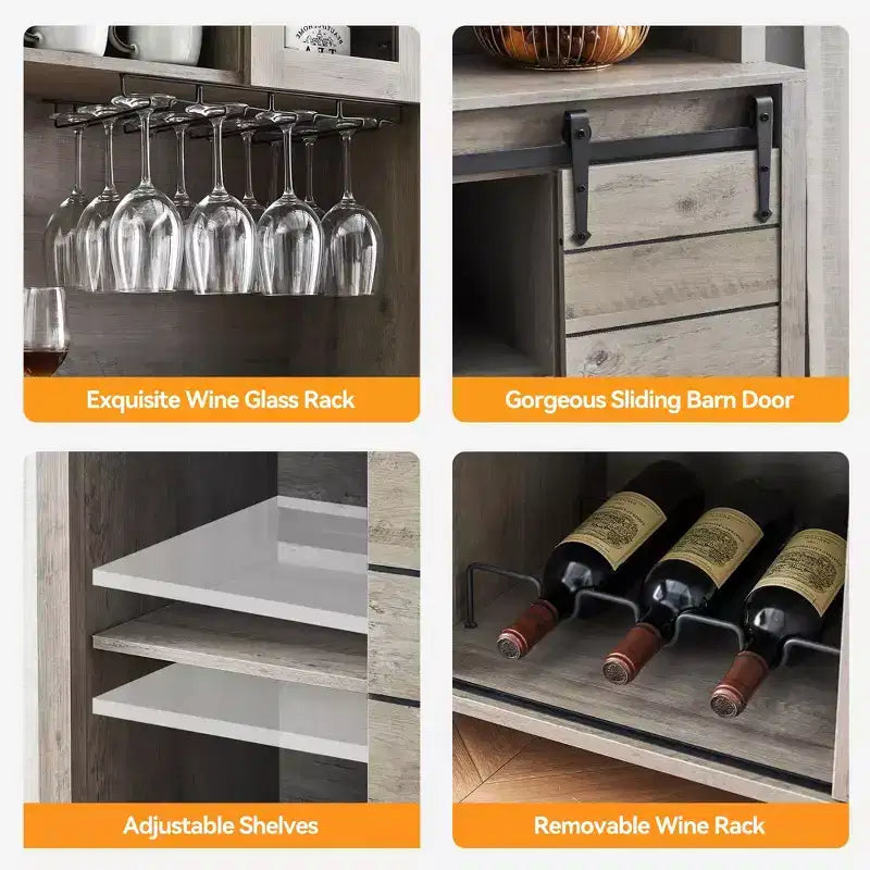 Mobile Credenza da Caffè Rustico Alto 178 cm, Mobile Dispensa da Cucina con Anta Scorrevole a Fienile, Credenza Alta con Portabottiglie, Mobile Bar, Grigio