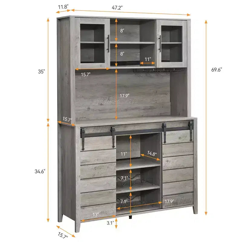 Mobile Bar Stile Rustico Alto 178 cm, Credenza da Cucina con Anta Scorrevole, Madia Alta con Portabottiglie, Mobile Bar per Casa, Grigio