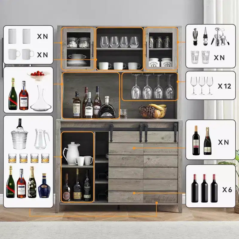 Mobile Bar Stile Rustico Alto 178 cm, Credenza da Cucina con Anta Scorrevole, Madia Alta con Portabottiglie, Mobile Bar per Casa, Grigio