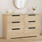 6 Drawer Dresser for Bedroom, Natural Double Dresser Organizer with Embedded Handles Design, Wooden Chest of Drawers for Living Room Nursery Hallway