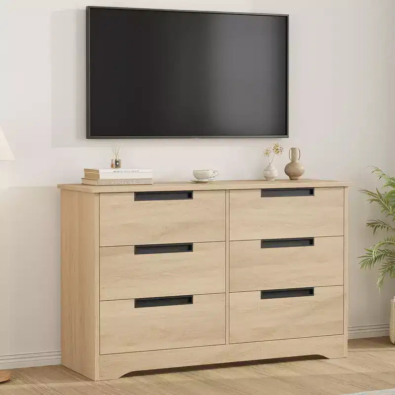 Comò a 6 cassetti per camera da letto, cassettiera doppia naturale con maniglie a incasso, cassettiera in legno per soggiorno, cameretta, corridoio