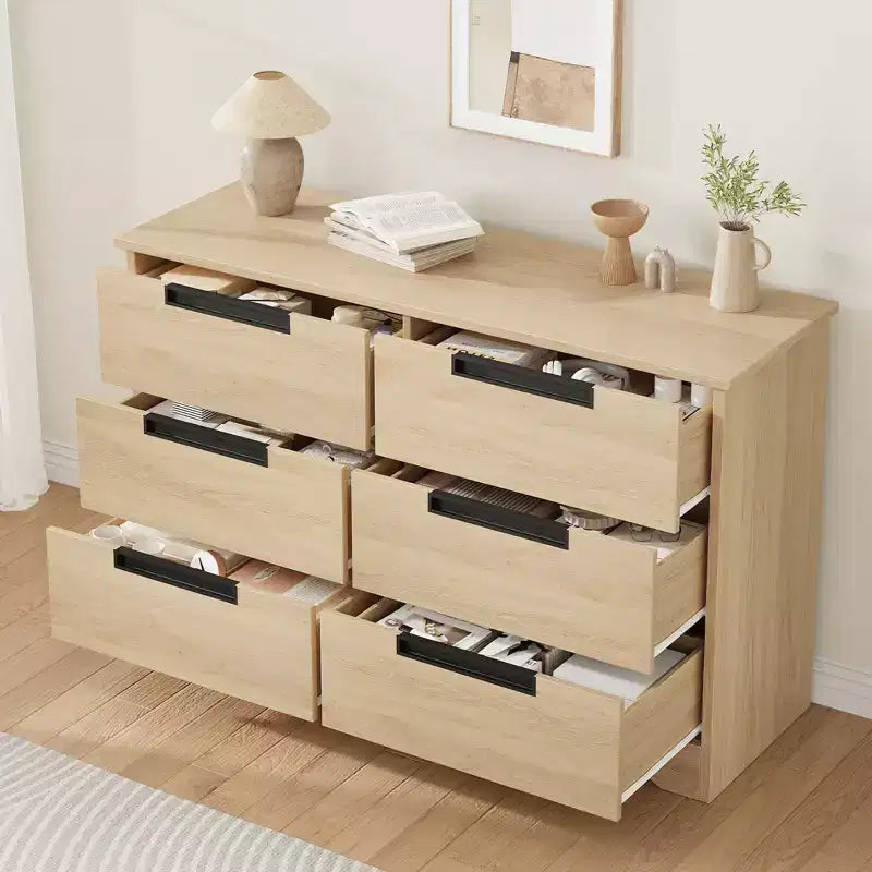 Comò a 6 cassetti per camera da letto, cassettiera doppia naturale con maniglie a incasso, cassettiera in legno per soggiorno, cameretta, corridoio