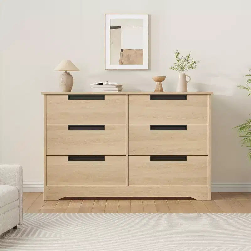 Comò a 6 cassetti per camera da letto, cassettiera doppia naturale con maniglie a incasso, cassettiera in legno per soggiorno, cameretta, corridoio