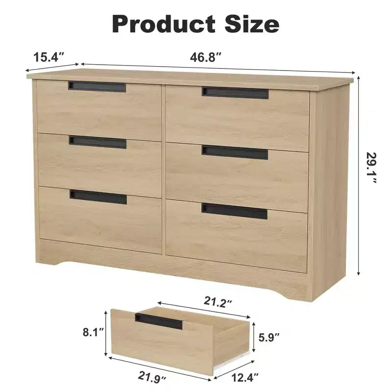 Comò a 6 cassetti per camera da letto, cassettiera doppia naturale con maniglie a incasso, cassettiera in legno per soggiorno, cameretta, corridoio