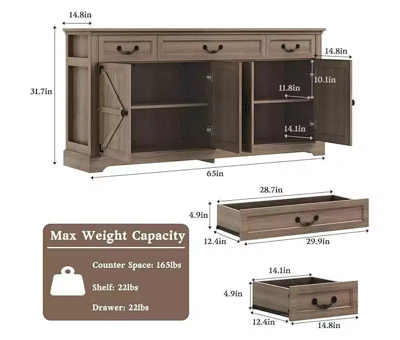 Dyonery 65 Grande madia da buffet, madia per posate da cucina in stile rustico, 3 cassetti e 4 ante, mobile contenitore per soggiorno