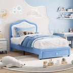 Upholstered Twin Bed Frame with Storage Drawer, Velvet Bed Frame with Headboard for Girls, Boys, No Box Spring Needed, Noise Free, Blue