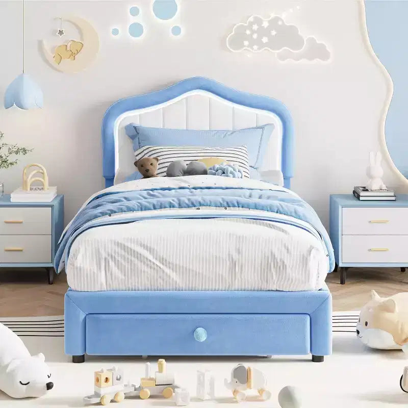 Struttura letto imbottita singola con cassetto portaoggetti, Struttura letto in velluto con testiera per bambine e bambini, Nessuna molla necessaria, Silenzioso, Blu