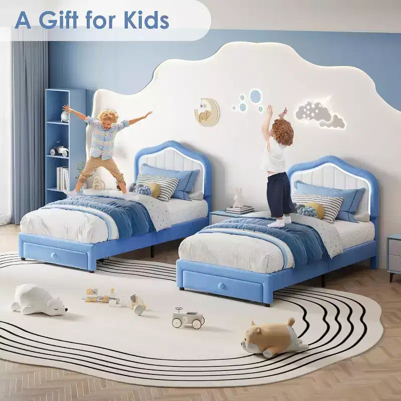 Struttura letto imbottita singola con cassetto portaoggetti, Struttura letto in velluto con testiera per bambine e bambini, Nessuna molla necessaria, Silenzioso, Blu