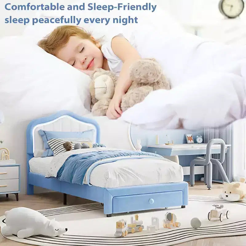 Struttura letto imbottita singola con cassetto portaoggetti, Struttura letto in velluto con testiera per bambine e bambini, Nessuna molla necessaria, Silenzioso, Blu