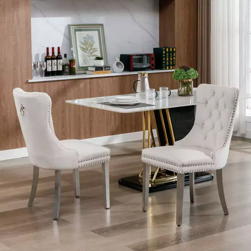 Okak Sedie da Pranzo Moderne Comode Set da 2, Sedie da Cucina con Rivestimento in Velluto Trapuntato, Gambe in Metallo Cromato Inossidabile e Dettaglio Chiodato