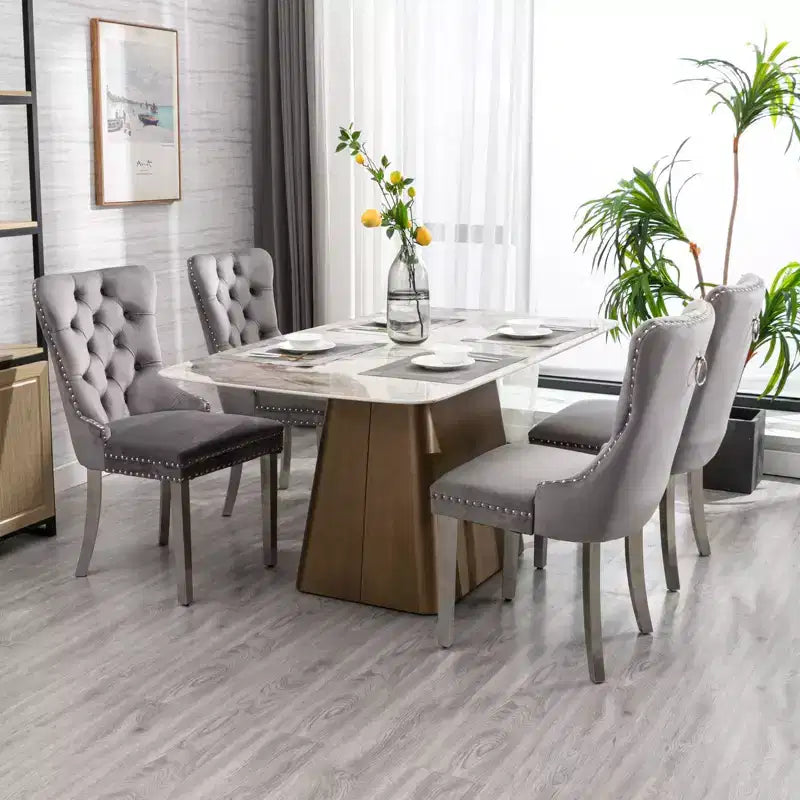Okak Sedie da Pranzo Moderne Comode Set da 2, Sedie da Cucina con Rivestimento in Velluto Trapuntato, Gambe in Metallo Cromato Inossidabile e Dettaglio Chiodato