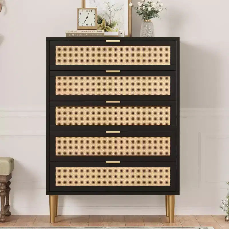 Acekool Cassettiera alta in rattan a 5 cassetti Salvaspazio verticale con dettagli in metallo