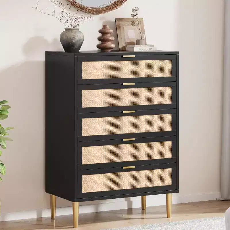 Acekool Cassettiera alta in rattan a 5 cassetti Salvaspazio verticale con dettagli in metallo