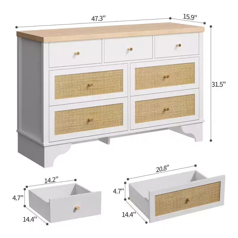Cassettiera a 7 cassetti, cassettiere e comò moderni in legno di rattan naturale per camera da letto, cassettiera organizer larga con cassetti profondi
