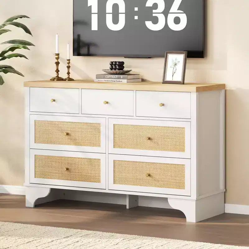 Cassettiera a 7 cassetti, cassettiere e comò moderni in legno di rattan naturale per camera da letto, cassettiera organizer larga con cassetti profondi