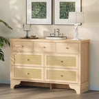 Cassettiera a 7 cassetti, cassettiere e comò moderni in legno di rattan naturale per camera da letto, cassettiera organizer larga con cassetti profondi
